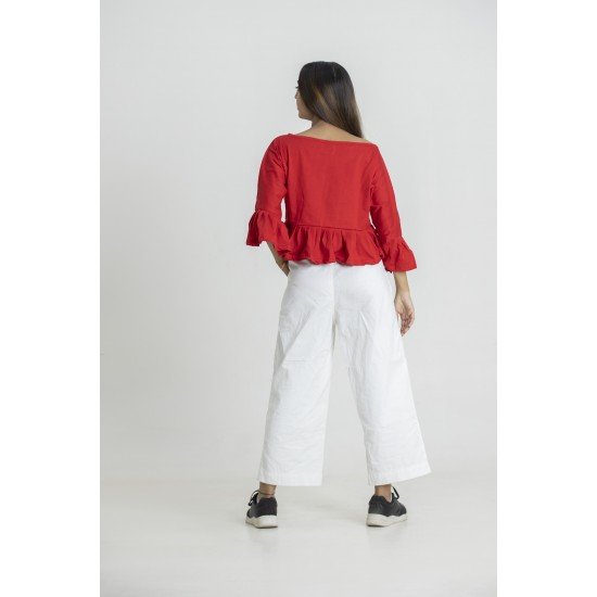Red Ruffled Boat Neck Crop Top